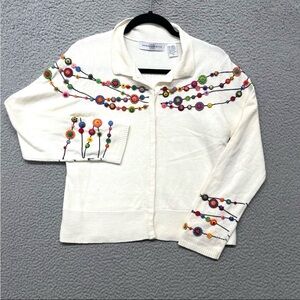 Marisa Christina Ivory Ribbed Knit Cardigan adorned w/ colorful vintage buttons